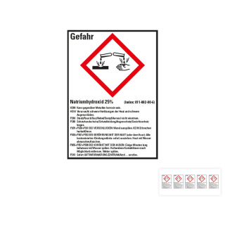 Produkt Hauptbild von Gefahrstoffkennzeichen: Natriumhydroxid 25%, 1 GHS Symbol mit Text, Folie selbstklebend, versch. Größen