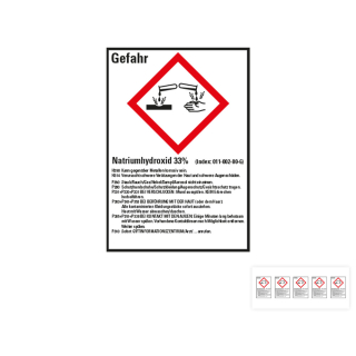 Produkt Hauptbild von Gefahrstoffkennzeichen: Natriumhydroxid 33%, 1 GHS Symbol mit Text, Folie selbstklebend, versch. Größen