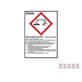 Produkt Hauptbild von Gefahrstoffkennzeichen: Natriumhydroxid 45%, 1 GHS Symbol mit Text, Folie selbstklebend, versch. Größen