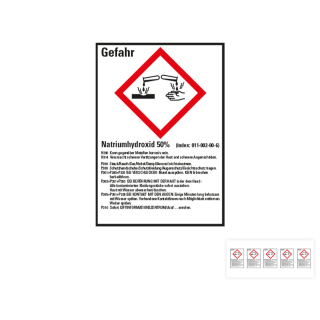 Produkt Hauptbild von Gefahrstoffkennzeichen: Natriumhydroxid 50%, 1 GHS Symbol mit Text, Folie selbstklebend, versch. Größen