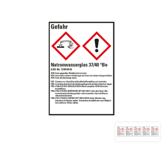 Produkt Hauptbild von Gefahrstoffkennzeichen: Natronwasserglas 37/40 °Be, 2 GHS Symbole mit Text, Folie selbstklebend, versch. Größen