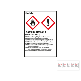 Produkt Hauptbild von Gefahrstoffkennzeichen: Natriumdithionit, 2 GHS Symbole mit Text, Folie selbstklebend, versch. Größen