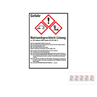 Produkt Hauptbild von Gefahrstoffkennzeichen: Natriumhypochlorit-Lösung, 3 GHS Symbole mit Text, Folie selbstklebend, versch. Größen