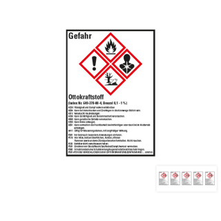 Produkt Hauptbild von Gefahrstoffkennzeichen: Ottokraftstoff, 4 GHS Symbole mit Text, Folie selbstklebend, versch. Größen