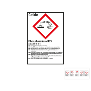 Produkt Hauptbild von Gefahrstoffkennzeichen: Phosphorsäure 80%, 1 GHS Symbol mit Text, Folie selbstklebend, versch. Größen