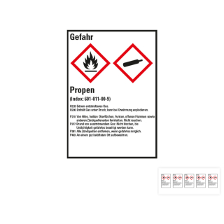 Produkt Hauptbild von Gefahrstoffkennzeichen: Propen, 2 GHS Symbole mit Text, Folie selbstklebend, versch. Größen