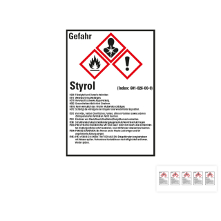 Produkt Hauptbild von Gefahrstoffkennzeichen: Styrol, 3 GHS Symbole mit Text, Folie selbstklebend, versch. Größen