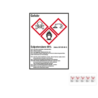 Produkt Hauptbild von Gefahrstoffkennzeichen: Salpetersäure 65%, 3 GHS Symbole mit Text, Folie selbstklebend, versch. Größen