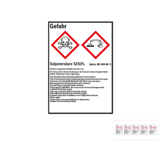 Produkt Hauptbild von Gefahrstoffkennzeichen: Salpetersäure 52/53%, 2 GHS Symbole mit Text, Folie selbstklebend, versch. Größen