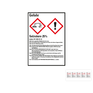 Produkt Hauptbild von Gefahrstoffkennzeichen: Salzsäure 25%, 2 GHS Symbole mit Text, Folie selbstklebend, versch. Größen