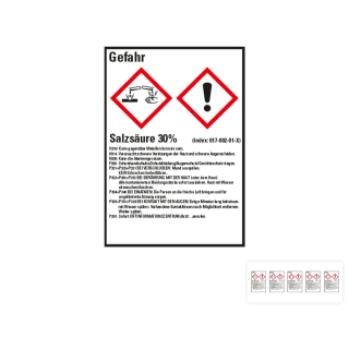 Produkt Hauptbild von Gefahrstoffkennzeichen: Salzsäure 30%, 2 GHS Symbole mit Text, Folie selbstklebend, versch. Größen