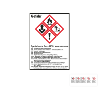 Produkt Hauptbild von Gefahrstoffkennzeichen: Spezialbenzin Sorte 60/95, 4 GHS Symbole mit Text, Folie selbstklebend, versch. Größen