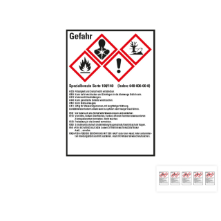 Produkt Hauptbild von Gefahrstoffkennzeichen: Spezialbenzin Sorte 100/140, 4 GHS Symbole mit Text, Folie selbstklebend, versch. Größen