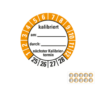 Produkt Hauptbild von Prüfplakette kalibriert am... durch... nächster Kalibriertermin, weiß-orange, Folie mit Spezialkleber, versch. Jahreszahlen