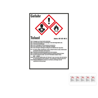 Produkt Hauptbild von Gefahrstoffkennzeichen: Toluol, 3 GHS Symbole mit Text, Folie selbstklebend, versch. Größen