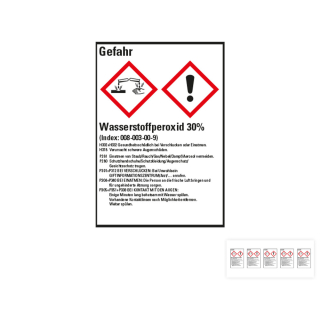 Produkt Hauptbild von Gefahrstoffkennzeichen: Wasserstoffperoxid 30%, 2 GHS Symbole mit Text, Folie selbstklebend, versch. Größen