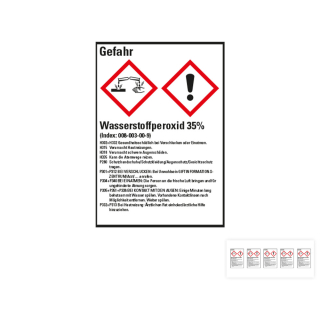 Produkt Hauptbild von Gefahrstoffkennzeichen: Wasserstoffperoxid 35%, 2 GHS Symbole mit Text, Folie selbstklebend, versch. Größen