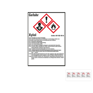 Produkt Hauptbild von Gefahrstoffkennzeichen: Xylol, 3 GHS Symbole mit Text, Folie selbstklebend, versch. Größen