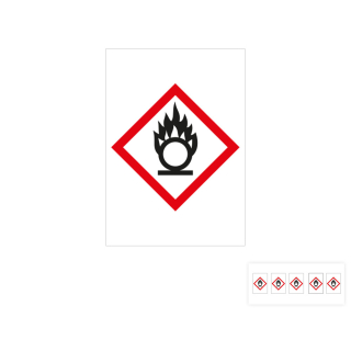 Produkt Hauptbild von Gefahrensymbol: GHS03 Flamme über Kreis für Rohrleitungen, Folie selbstklebend, versch. Größen und Lieferformen