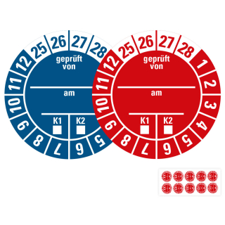 Produkt Hauptbild von 4-Jahres-Prüfplakette geprüft von... am... K1 K2, rot oder blau, Folie mit Spezialkleber, versch. Jahreszahlen