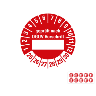 Produkt Hauptbild von Prüfplakette geprüft nach DGUV Vorschrift, Beschriftungsfeld, rot, Folie mit Spezialkleber, versch. Jahreszahlen