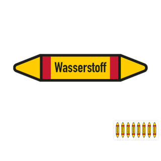 Produkt Hauptbild von Rohrleitungsetikett: Wasserstoff, DIN 2403, gelb-schwarz mit Zusatzfarbe rot, für Rohre mit versch.  Durchmessern, Folie selbstklebend