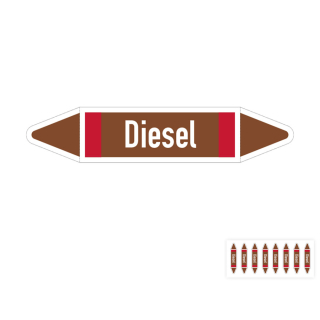 Produkt Hauptbild von Rohrleitungsetikett: Diesel, DIN 2403, braun mit Zusatzfarbe rot, für Rohre mit versch.  Durchmessern, Folie selbstklebend