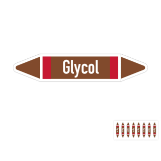 Produkt Hauptbild von Rohrleitungsetikett: Glycol, DIN 2403, braun mit Zusatzfarbe rot, für Rohre mit versch.  Durchmessern, Folie selbstklebend