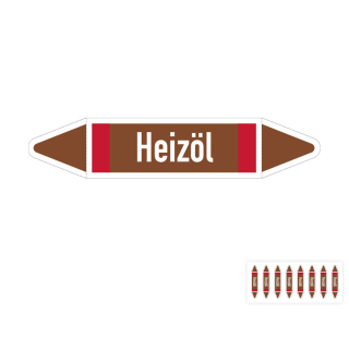 Produkt Hauptbild von Rohrleitungsetikett: Heizöl, DIN 2403, braun mit Zusatzfarbe rot, für Rohre mit versch.  Durchmessern, Folie selbstklebend