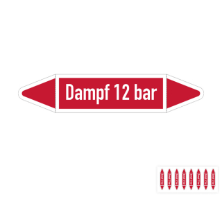 Produkt Hauptbild von Rohrleitungsetikett: Dampf 12 bar, DIN 2403, rot-weiß, für Rohre mit versch.  Durchmessern, Folie selbstklebend