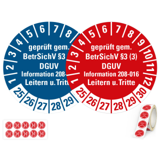 Produkt Hauptbild von Prüfplakette geprüft gem. BetrSichV §3 (3) DGUV Information 208-016 Leitern u. Tritte, rot oder blau, Folie mit Spezialkleber, versch. Jahreszahlen