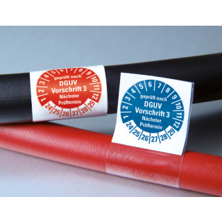 Produkt Hauptbild von Kabelprüfplakette geprüft nach DGUV Vorschrift 3 Nächster Prüftermin, rot oder blau, Folie mit Spezialkleber, versch. Jahreszahlen und Größen