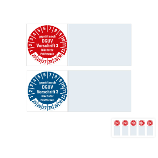 Produkt Hauptbild von Kabelprüfplakette geprüft nach DGUV Vorschrift 3 Nächster Prüftermin, rot oder blau, Folie mit Spezialkleber, versch. Jahreszahlen und Größen