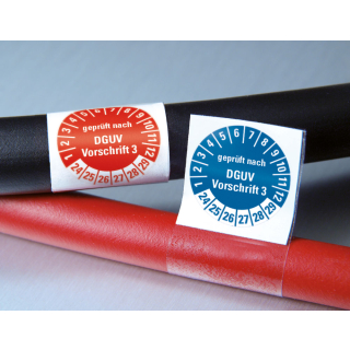 Produkt Hauptbild von Kabelprüfplakette geprüft nach DGUV Vorschrift 3, rot oder blau, Folie mit Spezialkleber, versch. Jahreszahlen, unterschiedliche Größen