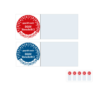 Produkt Hauptbild von Kabelprüfplakette geprüft nach DGUV Vorschrift 3, rot oder blau, Folie mit Spezialkleber, versch. Jahreszahlen, unterschiedliche Größen