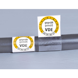 Produkt Hauptbild von Kabelprüfplakette geprüft gemäß VDE, weiß-gelb, Folie mit Spezialkleber, versch. Jahreszahlen, zwei Größen