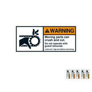 Produkt Hauptbild von ANSI-Aufkleber: WARNING Moving parts can crush and cut. Do not operate [...], UL-anerkannt, ANSI Z535-4, Folie selbstklebend, versch. Größen