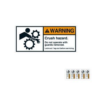 Produkt Hauptbild von ANSI-Aufkleber: WARNING Crush hazard. Do not operate with guards removed [...], UL-anerkannt, ANSI Z535-4, Folie selbstklebend, versch. Größen