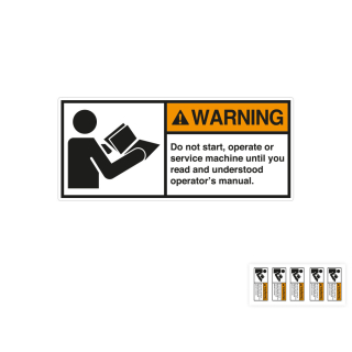 Produkt Hauptbild von ANSI-Aufkleber: WARNING Do not start, operate or service machine until [...], UL-anerkannt, ANSI Z535-4, Folie selbstklebend, versch. Größen