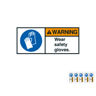 Produkt Hauptbild von ANSI-Aufkleber: WARNING Wear safety gloves, UL-anerkannt, ANSI Z535-4, Folie selbstklebend, versch. Größen