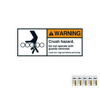 Produkt Hauptbild von ANSI-Aufkleber: WARNING Crush hazard. Do not operate with guards removed, UL-anerkannt, ANSI Z535-4, Folie selbstklebend, versch. Größen