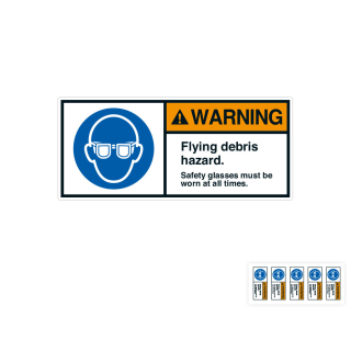 Produkt Hauptbild von ANSI-Aufkleber: WARNING Flying debris hazard [...], UL-anerkannt, ANSI Z535-4, Folie selbstklebend, versch. Größen