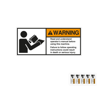 Produkt Hauptbild von ANSI-Aufkleber: WARNING Read and understand operator's manual [...], UL-anerkannt, ANSI Z535-4, Folie selbstklebend, versch. Größen