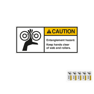 Produkt Hauptbild von ANSI-Aufkleber: CAUTION Entanglement hazard. Keep hands clear of web and rollers, UL-anerkannt, ANSI Z535-4, Folie selbstklebend, versch. Größen