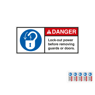 Produkt Hauptbild von ANSI-Aufkleber: DANGER Lock-out power before removing guards or doors, UL-anerkannt, ANSI Z535-4, Folie selbstklebend, versch. Größen