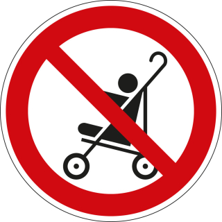 Verbotsschild: Kinderwagen verboten, DIN, Folie selbstklebend, Ø 100 mm, 1 Stück