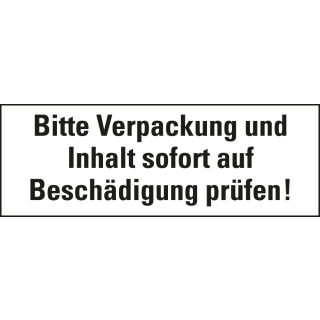 Verpackungsetikett: Bitte Verpackung und Inhalt sofort auf Beschädigung prüfen, weiß-schwarz, Haftpapier selbstklebend permanent, 147 mm x 50 mm, 250 St./Rolle