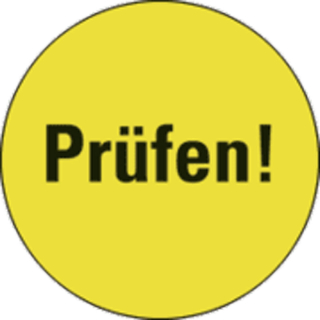 Verpackungsetikett: Prüfen!, gelb, Papier selbstklebend, Ø 40 mm, 500 St./Rolle