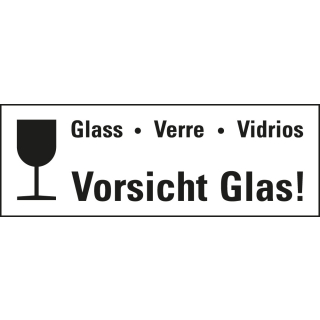 Verpackungsetikett: Vorsicht Glas!, 4-sprachig, weiß, permanent haftendes Haftpapier, 170 mm x 60 mm, 250 St./Rolle