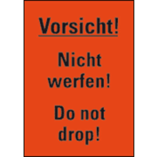 Verpackungsetikett: Vorsicht! Nicht werfen! Do not drop!, rot, permanent haftendes Haftpapier selbstklebend, 74 mm x 105 mm, 500 St./Rolle